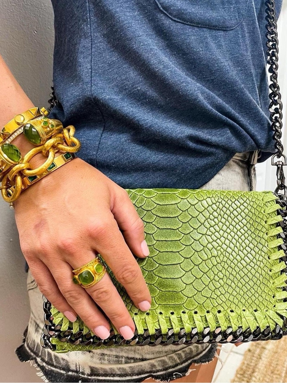 German Fuentes Green Python-Texture Chain Crossbody Bag